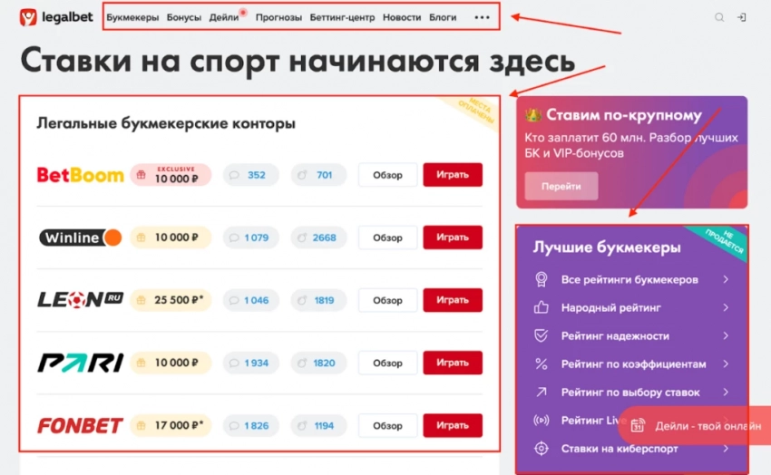 Legalbet — помощник для всех любителей спорта: разделы сайта и их функции
