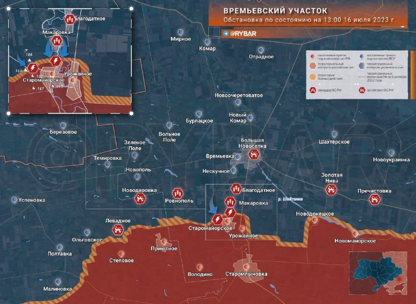 Карта боевых действий: Времьевский участок обстановка по состоянию на 13.00 16 июля 2023 года